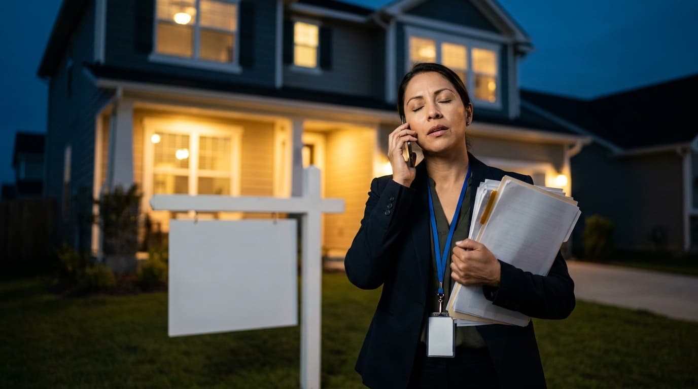 A tired real estate agent on the phone, holding a stack of contracts in front of a listing at dusk